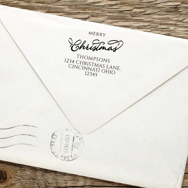 Sello Automático Merry Christmas Simple Calligraphy Return Address (Merry Christmas holiday self-inking stamp with stylish calligraphy script.)