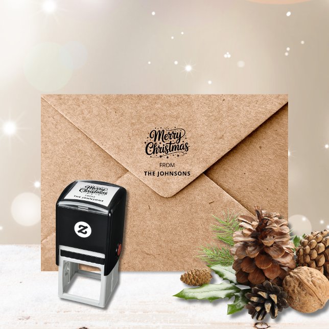Sello Automático Merry Christmas Typography Logo Name (Merry Christmas logo custom name red self inking stamp)
