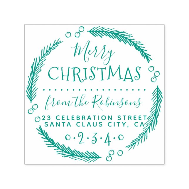 Sello Automático Merry Christmas Wreath Script Name Return Address (Diseño)