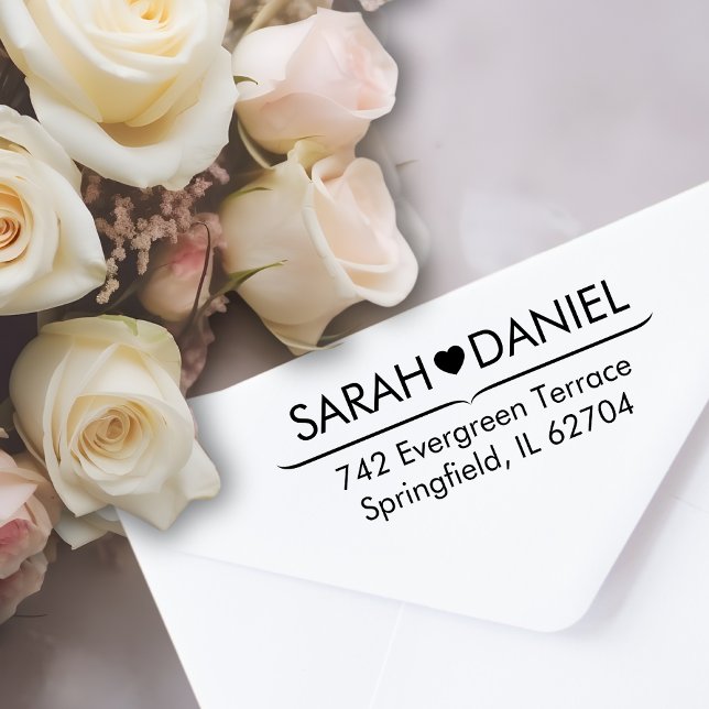 Sello Automático Minimal Heart Line Custom Name & Address Wedding  (Sarah & Daniel Roses)