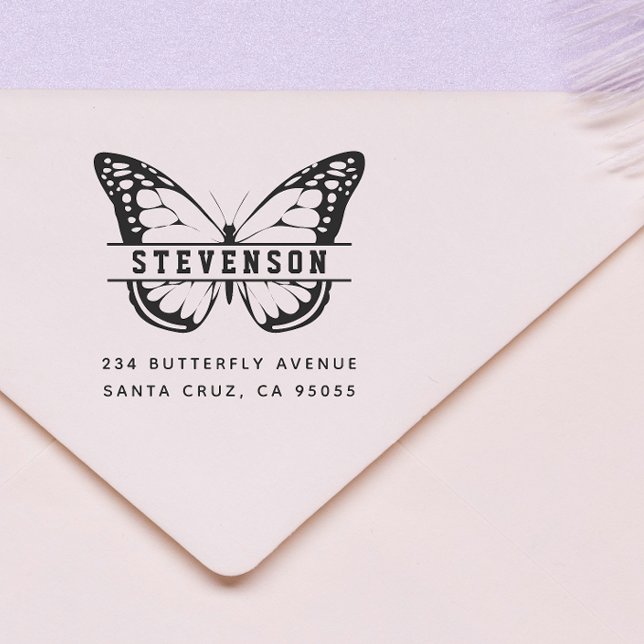 Sello Automático Moda Hermosa Mariposa Apellido Dirección de devolu (Stamp Mock-up)