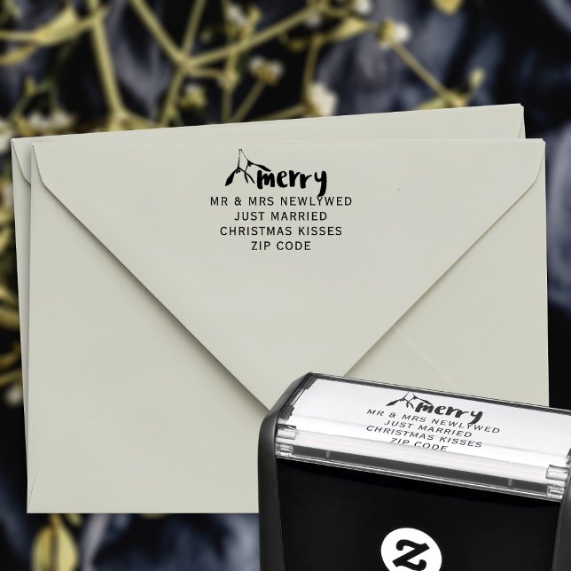 Sello Automático Modern Merry Mistletoe Navidades Dirección de Regr (A modern merry mistletoe festive return address self inking stamp with space for your details)