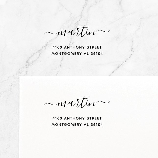Sello Automático Modern Nombre escrito a mano y dirección de devolu (Modern, elegant calligraphy font with swashes family name self-inking return address stamp.)