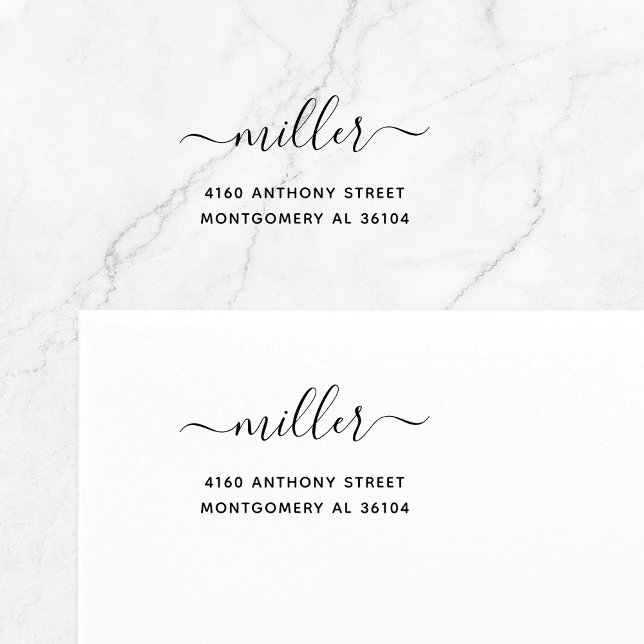 Sello Automático Moderno Nombre escrito a mano y dirección de devol (Elegant, modern script with swashes typography family name self-inking return address stamp.)