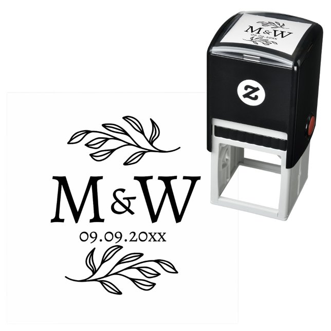 Sello Automático Monograma de fecha de boda botánico elegante de pa (Modern wedding couple monogram logo initials date self inking stamp with botanical leaf sprig)