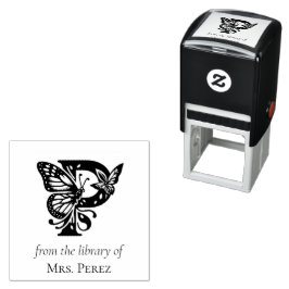 Sello Automático Monograma de Mariposa con Letra P De la Biblioteca