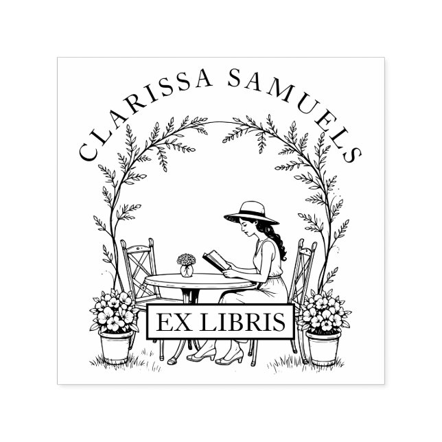 Sello Automático Mujer leyendo mesa de jardín Gorra Ex Libris (Diseño)
