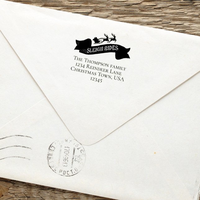 Sello Automático Navidades de direcciones de devolución de Santa Cl (Christmas santa and reindeer sleight rides return address self inking stamp.)
