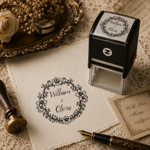 Sello Automático Nombre de boda floral vintage