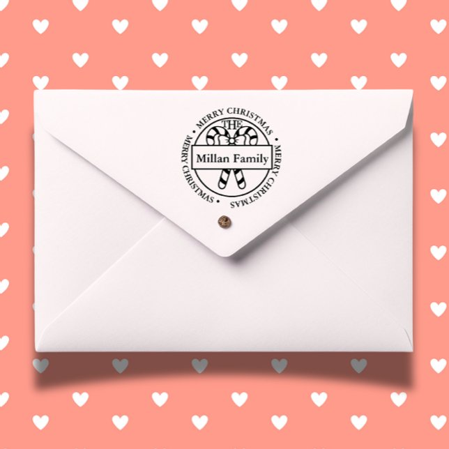 Sello Automático Nombre de la familia Merry Christmas Candy Sticks  (Personalize your holiday cards and gifts with a Family Name Merry Christmas Candy Sticks )