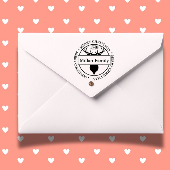 Sello Automático Nombre de la familia Merry Christmas Reindeer tema (Personalize your holiday cards with a Family Name Merry Christmas Reindeer self-inking stamp.  )