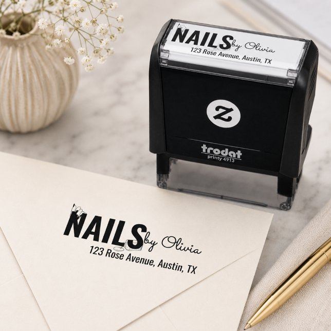 Sello Automático Nombre del estudio de uñas Script Dirección de dev (Script Nail Studio Name Return Address Phone Self-inking Stamp)