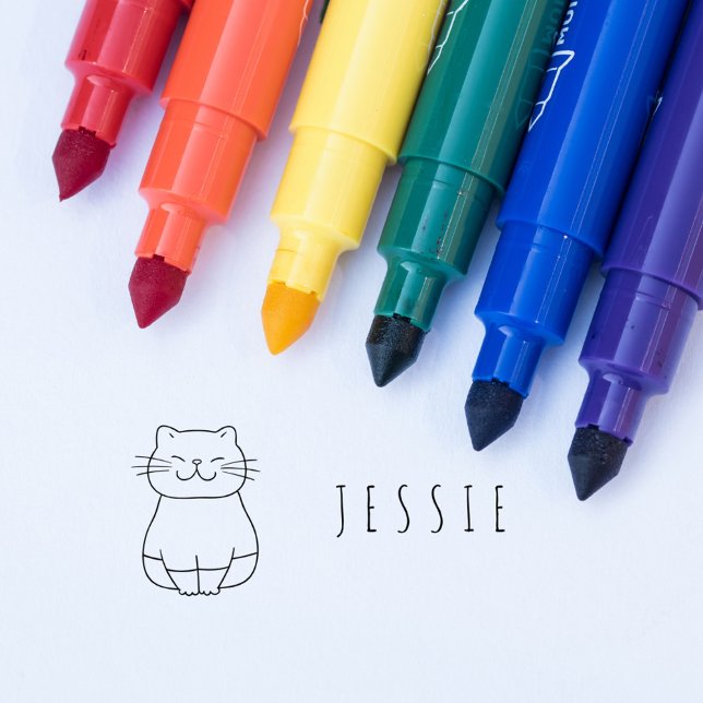 Sello Automático Nombre personalizado de los niños con dibujos anim (Cute Cat Doodle Kids Personalized Name Self-inking Stamp)