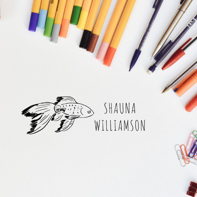 Sello Automático Nombre personalizado de los niños de peces de colo (Cute Goldfish Kids Personalized Name Self-inking Stamp)