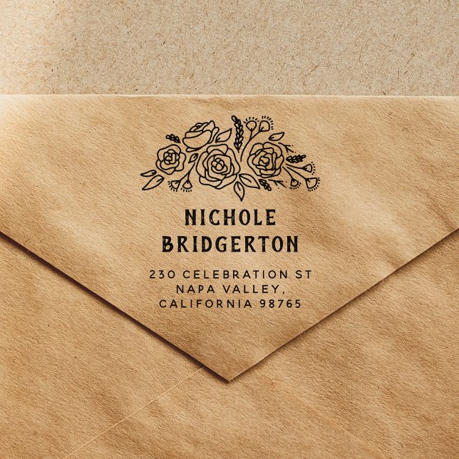 Sello Automático Nombre personalizado Dirección de devolución flora (Rubber Stamp Mock-up)
