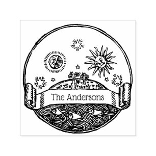 Sello Automático Nombre Vintage Sol Luna Estrellas Océano Planeta T