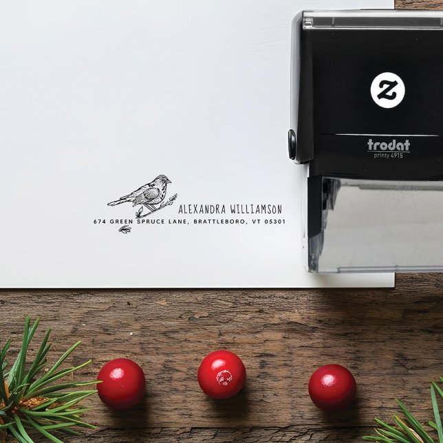 Sello Automático Nombre y dirección de la bifurcación y bifurcación (Vintage Hand-drawn Bird & Branch Name & Address Self-inking Stamp)