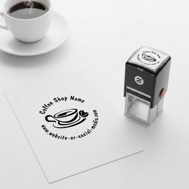 Sello Automático Nombre y sitio web personalizado de cafetería (Round promotional self inking stamp for a coffee shop.)