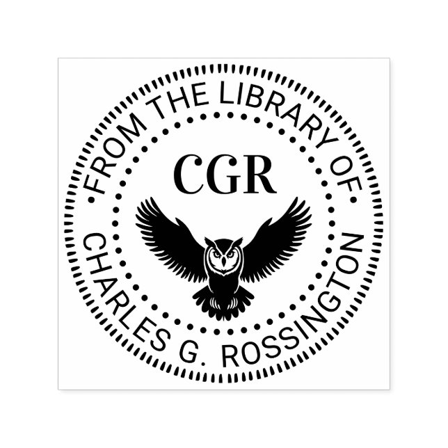 Sello Automático Owl in Flight Front View Library Book Name (Diseño)