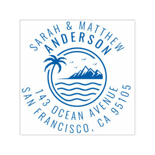 Sello Automático Palm Tree, Mountain & Ocean Married Pareja Direcci