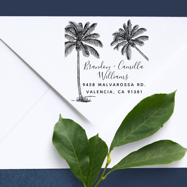 Sello Automático Palm Trees Tropicales Dirección de devolución de p (elegant handwriting tropical palm tree married couple return address stamp)