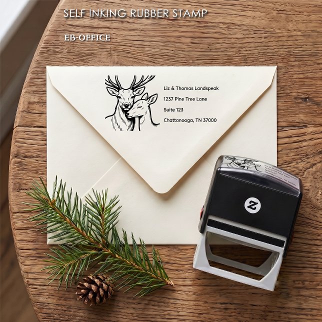 Sello Automático Pareja de ciervo y corza rústicos dirección de dev (Self-inking Stag & Doe Stamp with return address (2.9”x1.4”). Choose your ink color.)