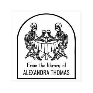 Sello Automático Pareja de esqueletos bebiendo vino Nombre del libr