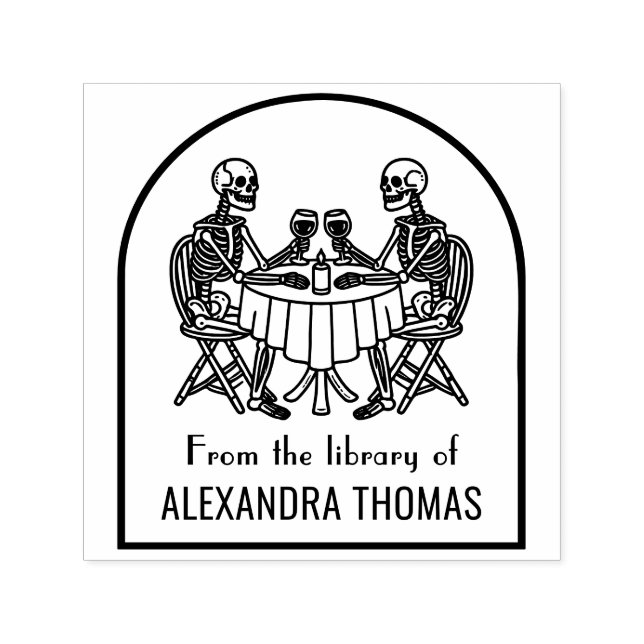 Sello Automático Pareja de esqueletos bebiendo vino Nombre del libr (Diseño)