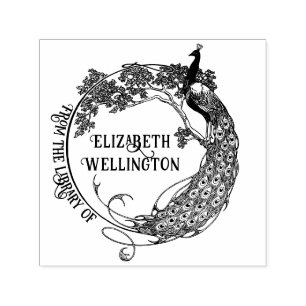 Sello Automático Peacock Rnd Frame Art Nouveau Biblioteca Nombre de