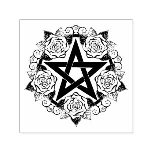 Sello Automático Pentagrama negro con flores Rosas