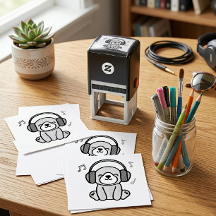 Sello Automático Perro cachorro Kawaii sonriendo con auriculares co