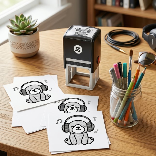 Sello Automático Perro cachorro Kawaii sonriendo con auriculares co (Kawaii Dog Puppy Smiling with Colorful Headphones. Self-inking Stamp)
