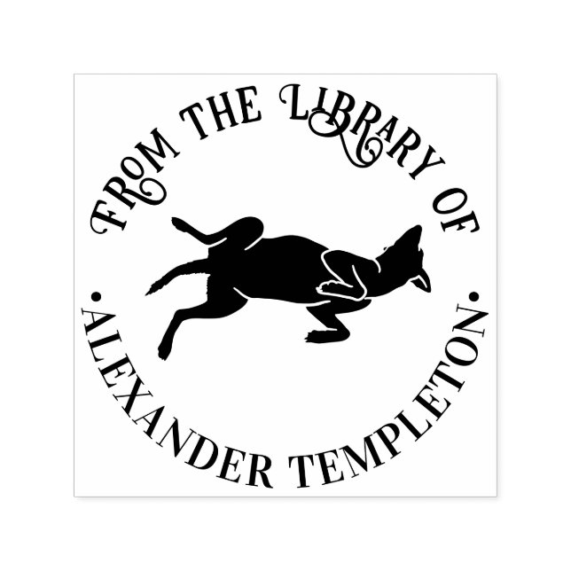 Sello Automático Perro en posición de sobar barriga Nombre del libr (Diseño)