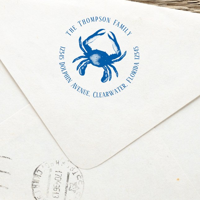 Sello Automático Personalizado de dirección de devolución de famili (Blue crab nautical return address stamp. )