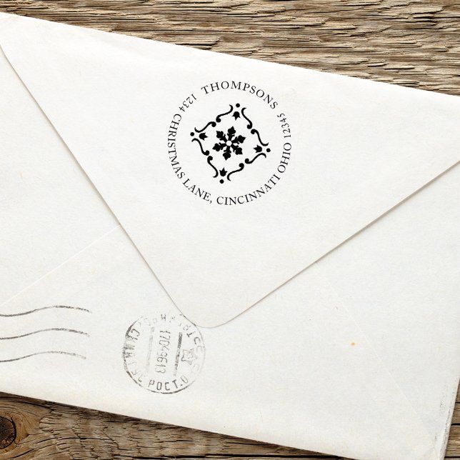 Sello Automático Personalizado de dirección de devolución de famili (Simple Christmas holiday self-inking stamp with a festive holiday snowflake emblem)