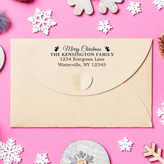 Sello Automático Personalizado Feliz discurso de la familia navideñ (Custom Merry Christmas Family Address with Bells Self-inking Stamp)