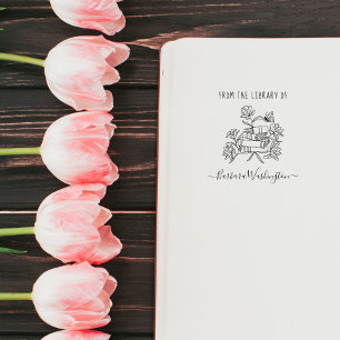 Sello Automático Personalizado moderno biblioteca libro mariposa