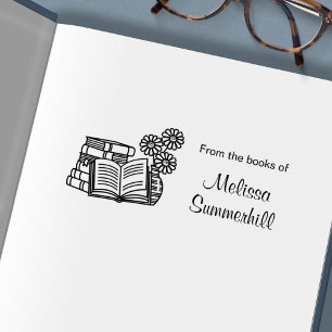 Sello Automático Pila de libros, libro abierto, flores - Bookplate