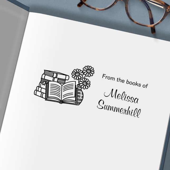 Sello Automático Pila de libros, libro abierto, flores - Bookplate (Subido por el creador)