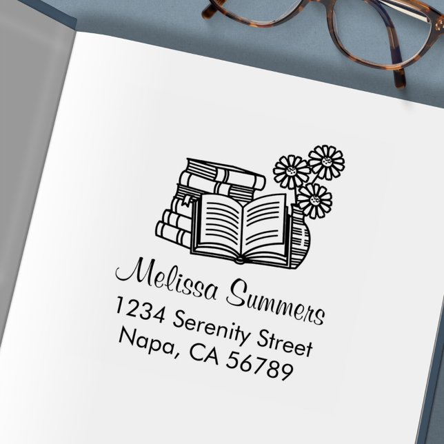 Sello Automático Pila de Libros, Libro Abierto, Flores - Dirección (Subido por el creador)