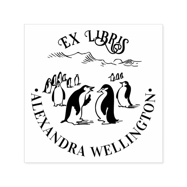 Sello Automático Pingüinos Ex Libris Nombre del libro de la bibliot (Diseño)