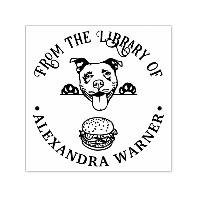 Sello Automático Pit Bull Terrier mirando hamburguesa nombre de lib (Diseño)