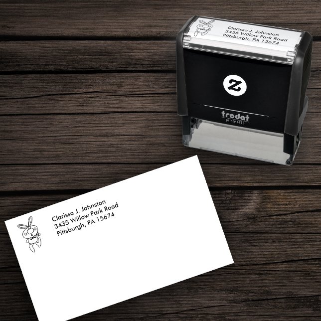 Sello Automático Pulgares hacia arriba Conejo Dibujando Un Tejido D (Cute bunny rabbit drawing giving thumbs up wearing bow tie on self inking return address stamp.)