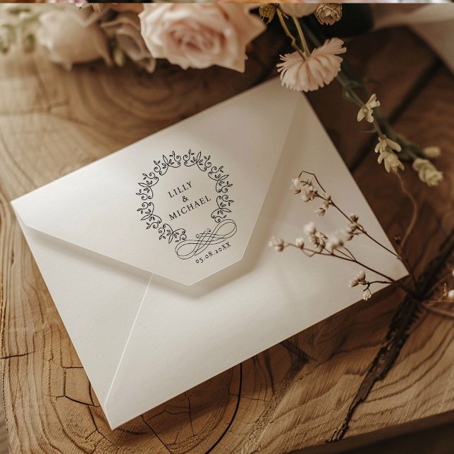 Sello Automático Real, Elegante, Boda (Royal, Elegant, Wedding Rubber Stamp with your names and date.)