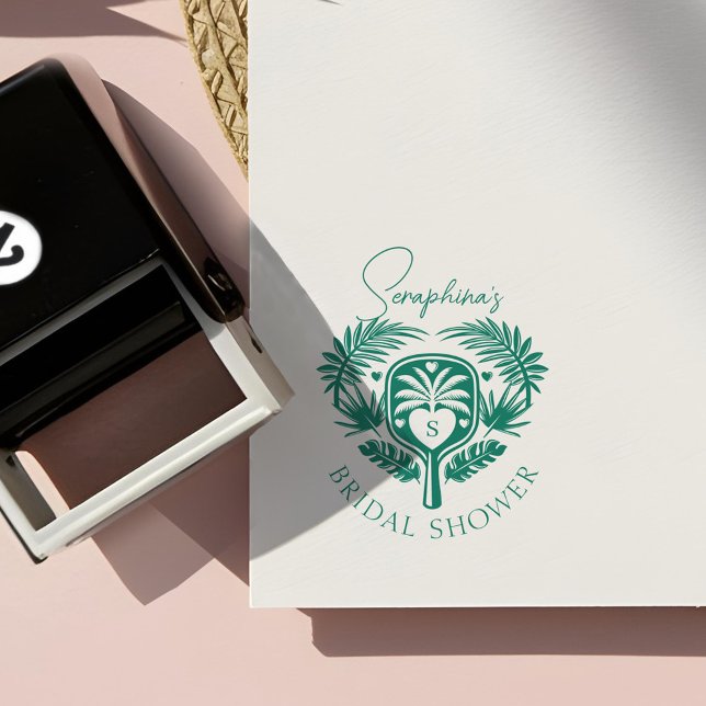Sello Automático Retro Tropical Palm Tree Pickleball Brillante Duch (Retro Tropical Palm Tree Pickleball Bridal Shower Self-inking Stamp)