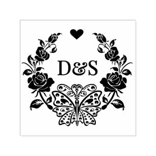Sello Automático Rosas Mariposa Con Monograma De 2 Iniciales Para P