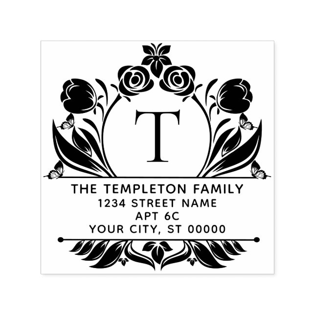 Sello Automático Roses & Tulips Border Frame Name Initial Address (Diseño)