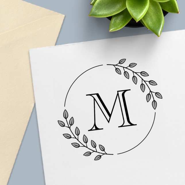 Sello Automático Round Leaves Wreath Monogram Initial (Subido por el creador)