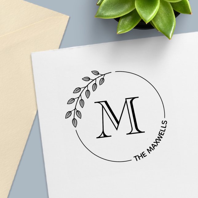 Sello Automático Round Leaves Wreath Monogram Initial Family Name (Subido por el creador)