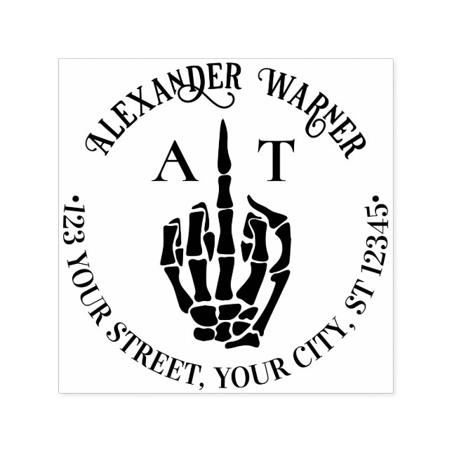 Sello Automático Rude Skeleton Hand Middle Finger Name Intro Direcc (Diseño)